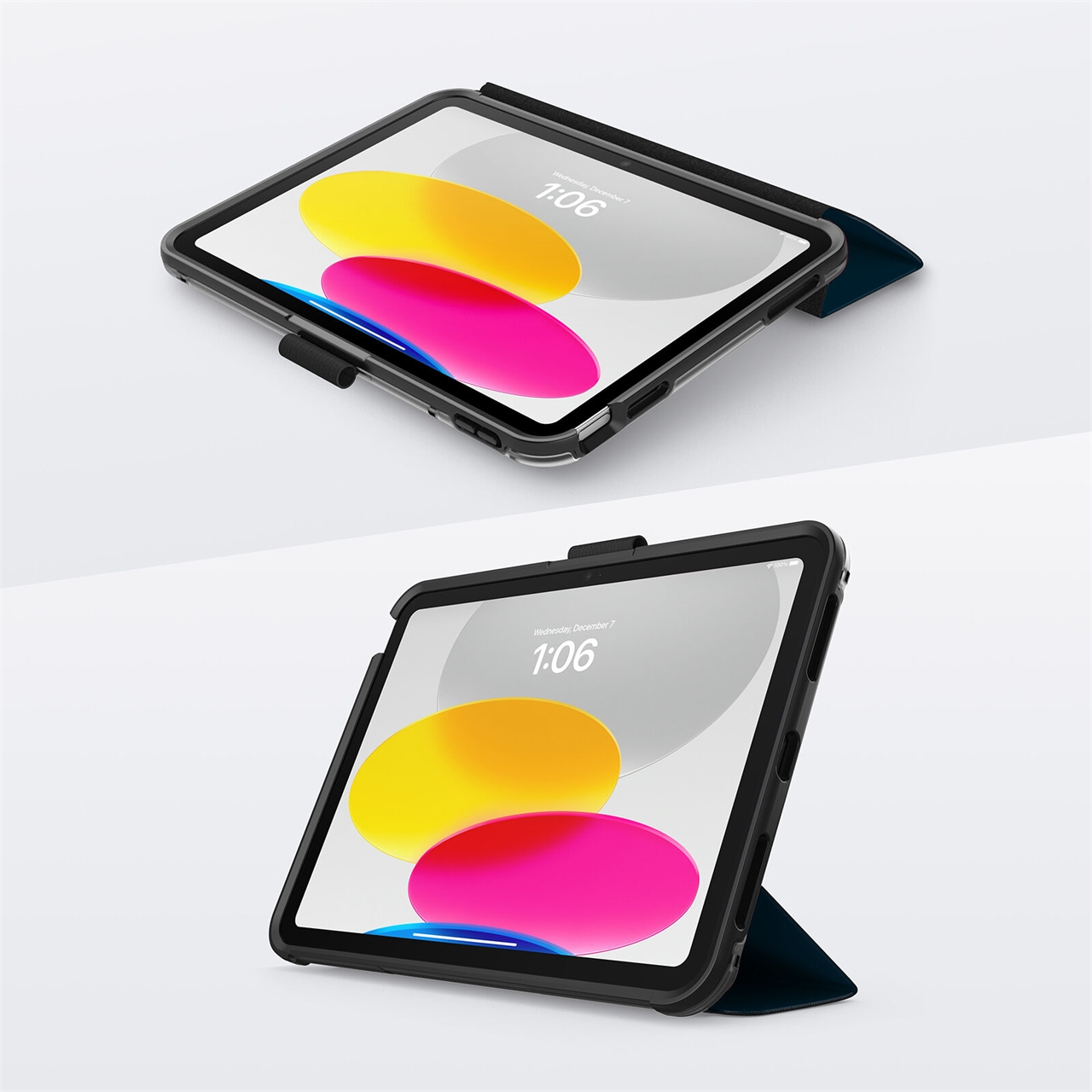 Ein Tablet mit schwarzer Hülle auf einem weißen Hintergrund.