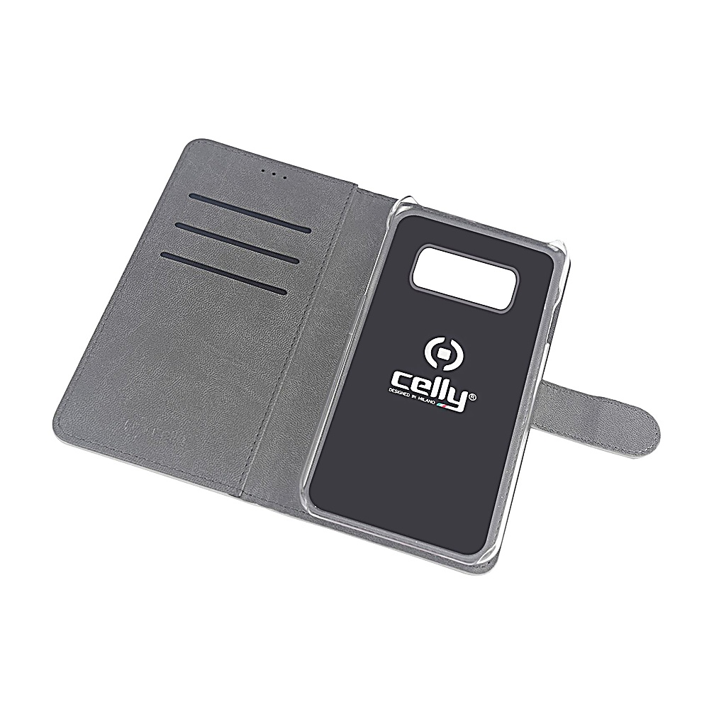 Graues Handycover mit Kartenfächern und durchsichtigem Einsatz. Celly Logo.