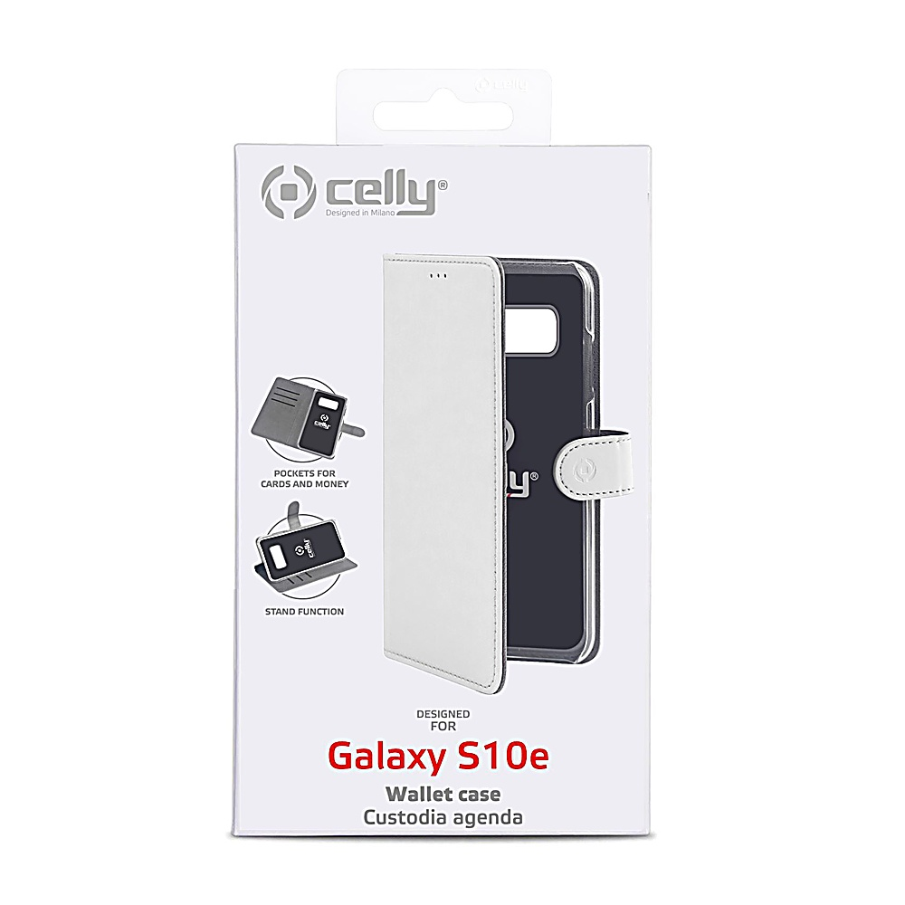 Verpackung einer weißen Celly Brieftasche für das Galaxy S10e mit Produktabbildungen.