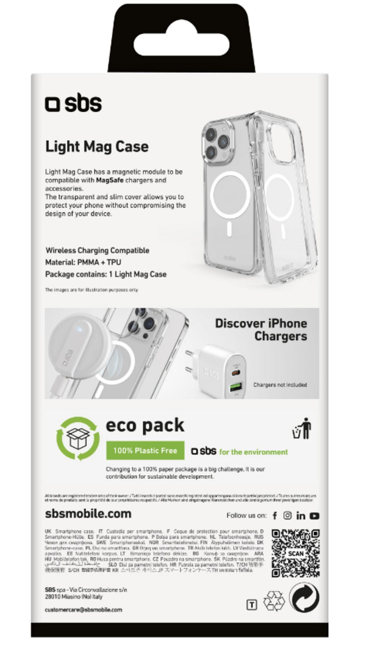 Sbs Light Mag Case: durchsichtige Hülle mit MagSafe für iPhones. Inkl. Ladekabelhalter.