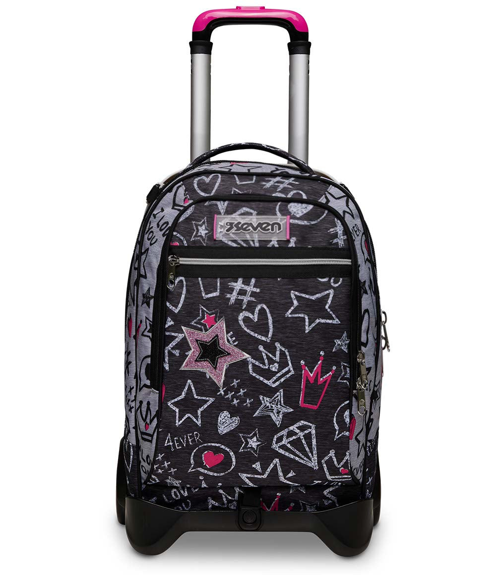 Uno zaino trolley nero con scarabocchi rosa e bianchi come stelle e corone.