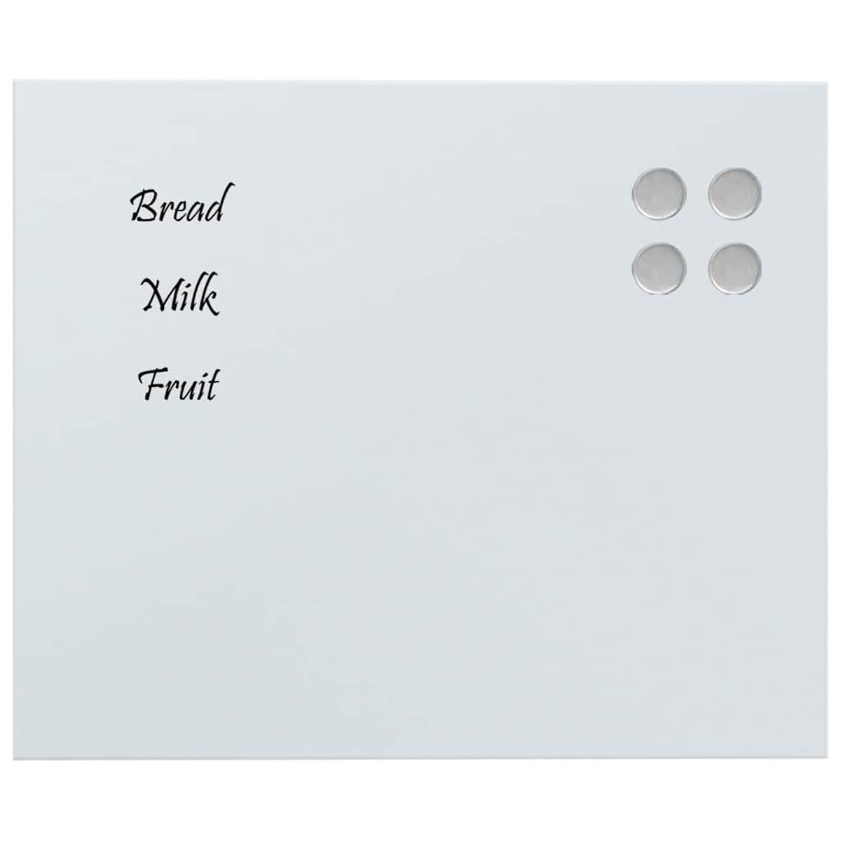 Eine weiße Tafel mit den Wörtern Brot, Milch, Obst und vier runden Magneten.