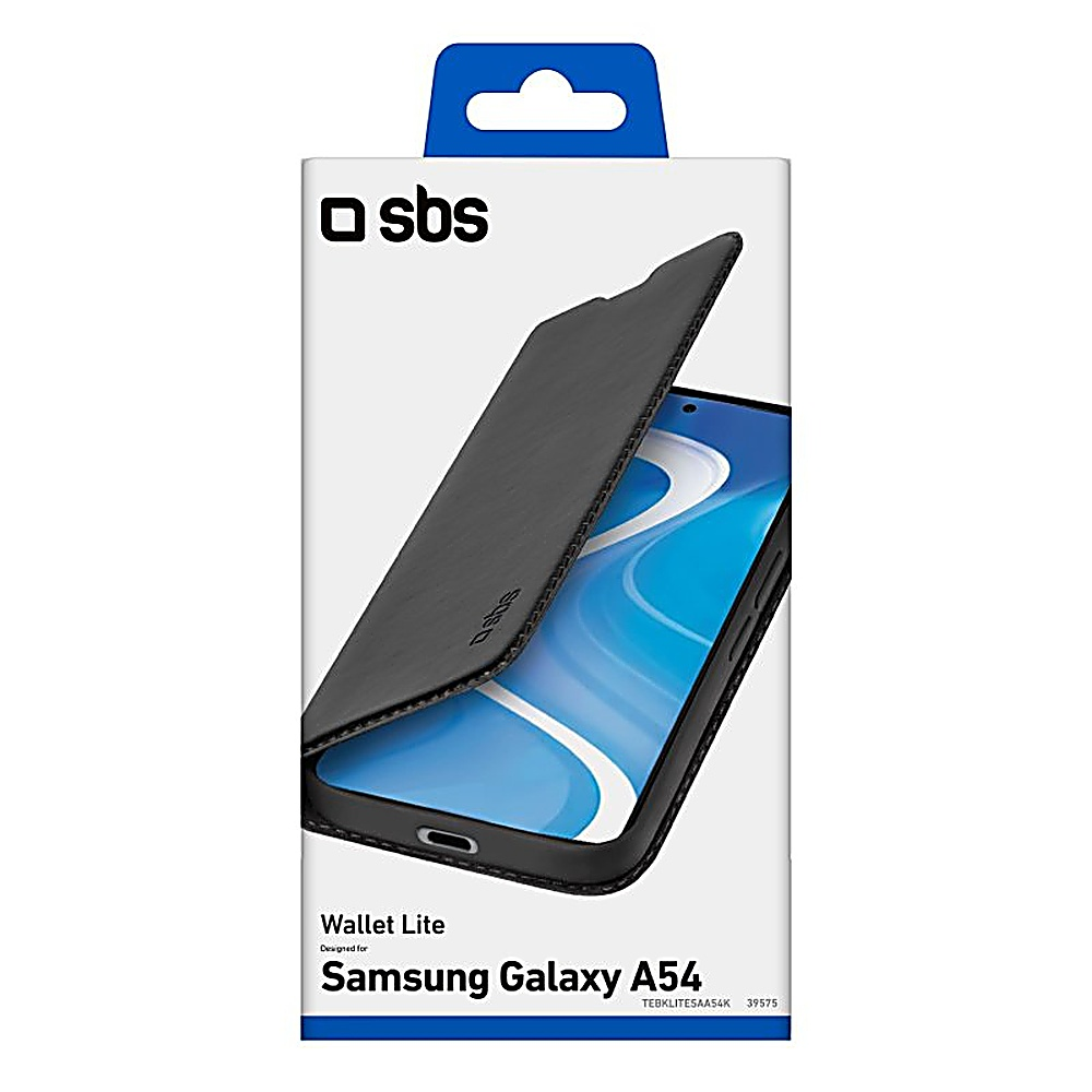 Custodia a portafoglio nera per Samsung Galaxy A54 con logo SBS.