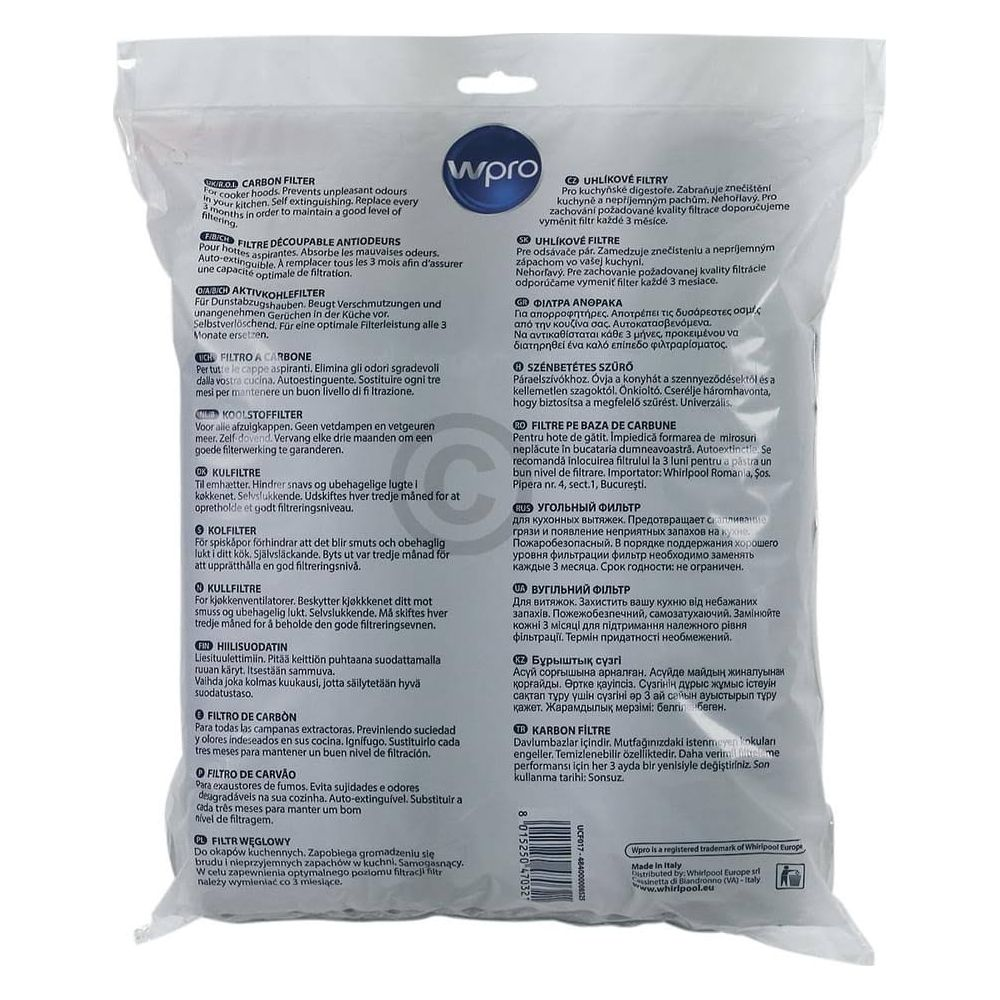 Verpackung für Wpro-Kohlefilter: Absorbiert Gerüche, selbstverlöschend. Alle 3 Monate wechseln.