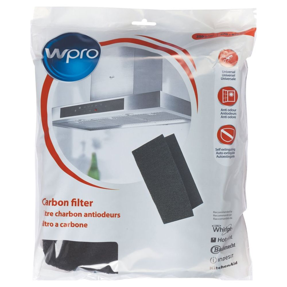 Verpackung mit Wpro-Markenlogo, Dunstabzugshaube und zwei Aktivkohlefiltern.