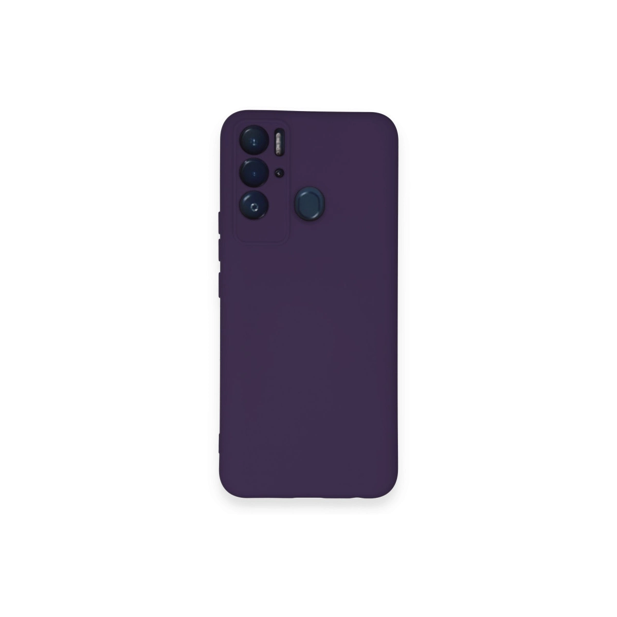 Üç kamera lensli ve parmak izi sensörlü koyu mor telefon kılıfı.