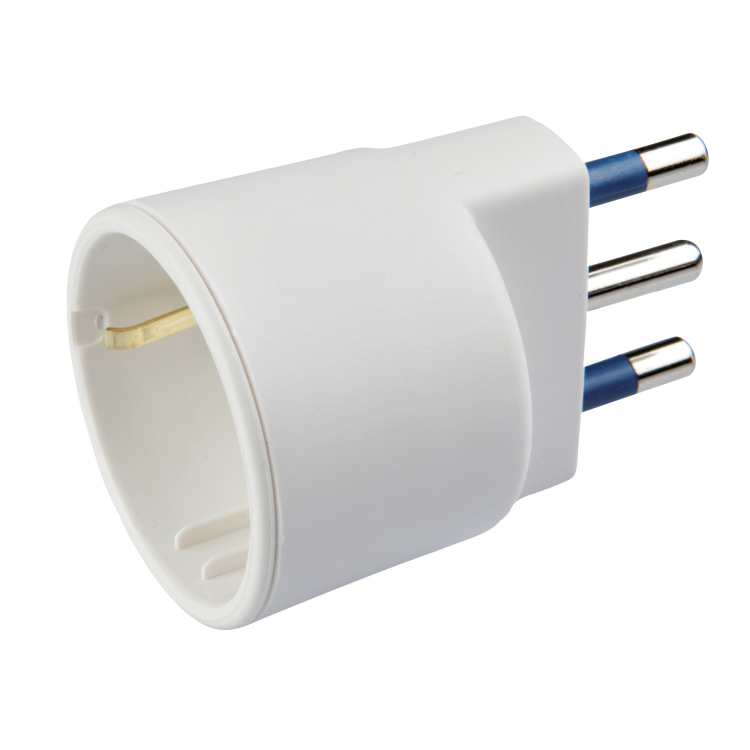 Ein weißer Reiseadapter mit drei silbernen Pins und blauen Akzenten.