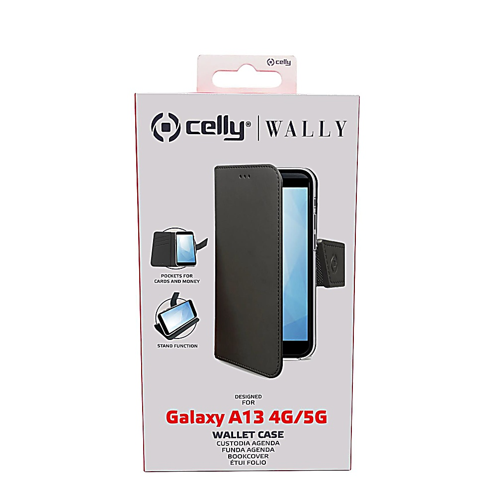 Custodia a portafoglio Celly Wally per Galaxy A13 4G/5G, con slot per carte e stand.