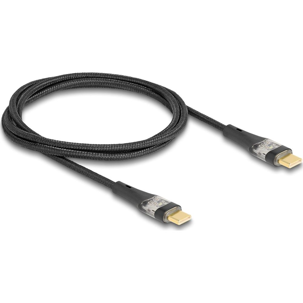 Ein schwarzes geflochtenes USB-C-Kabel mit goldenen Anschlüssen und transparenten Enden.