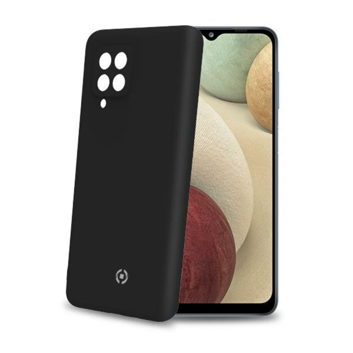 Custodia nera per telefono con ritagli fotocamera e logo, accanto a uno smartphone con cerchi colorati.