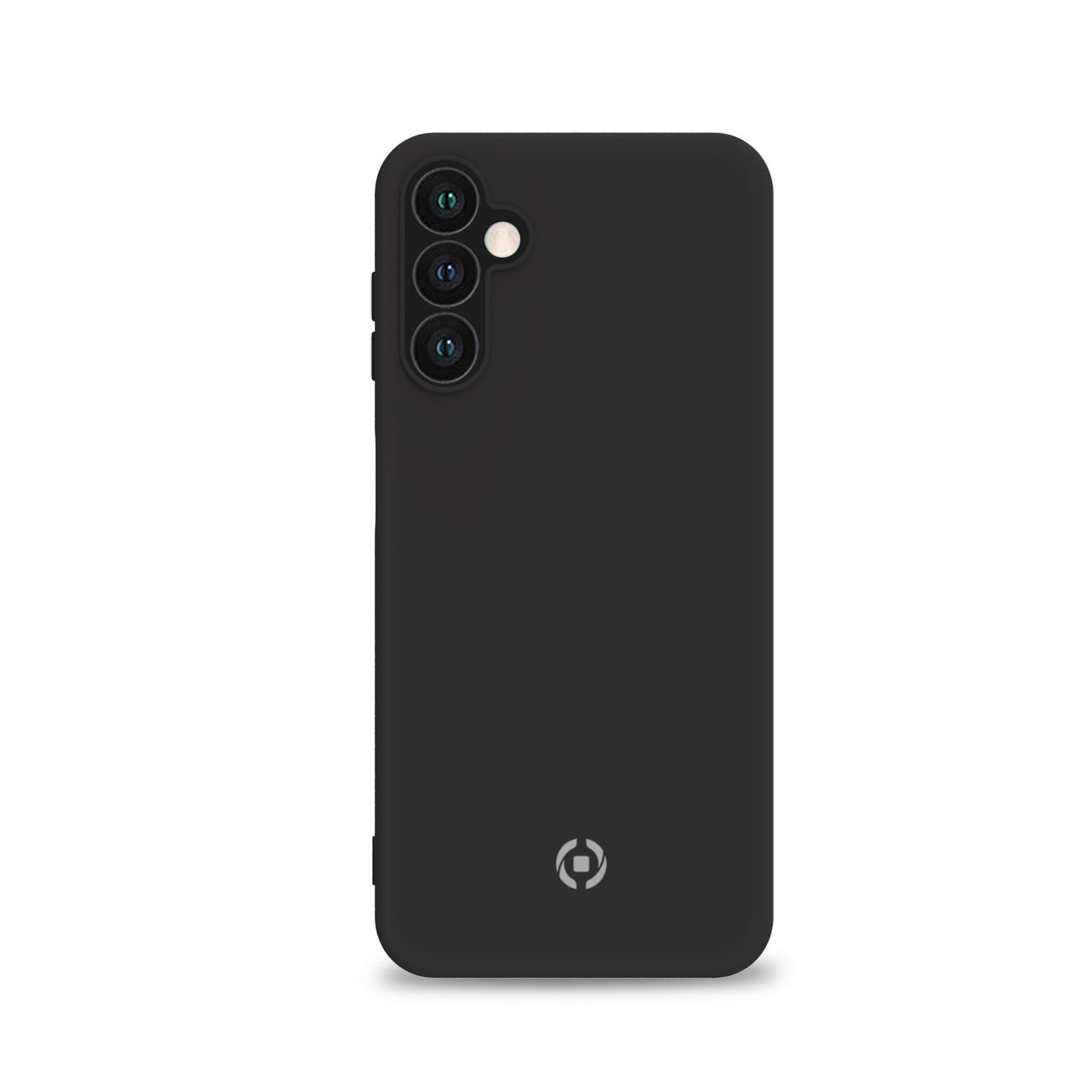 Custodia nera per telefono con tre fotocamere e flash in alto a sinistra. Un piccolo logo in basso.