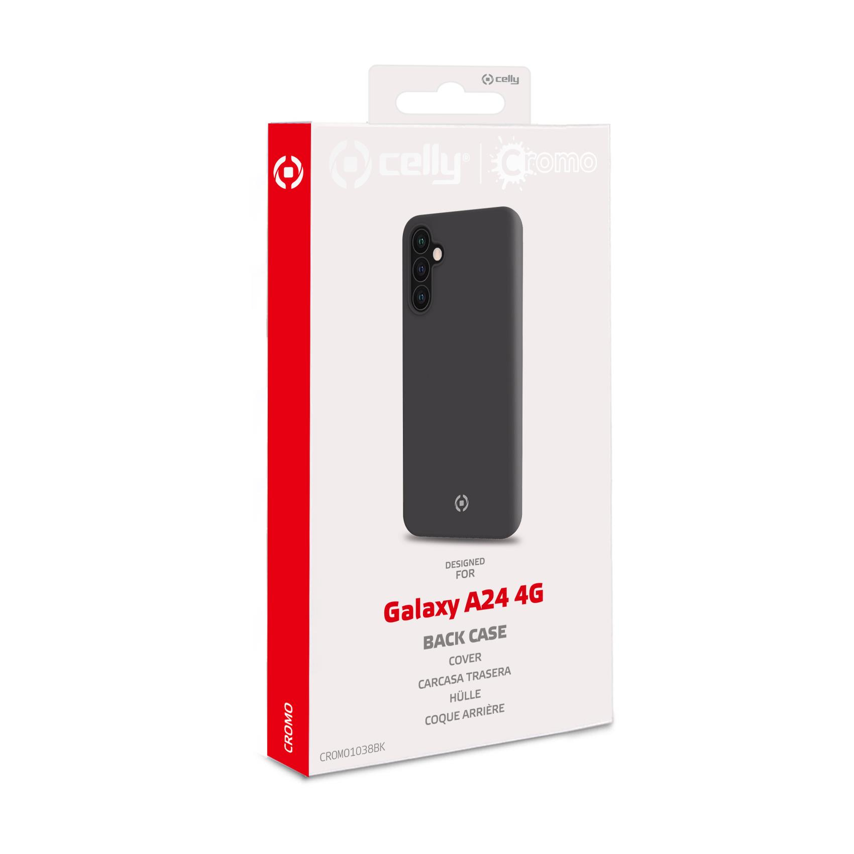Confezione con cover nera per Galaxy A24 4G, marca Celly.