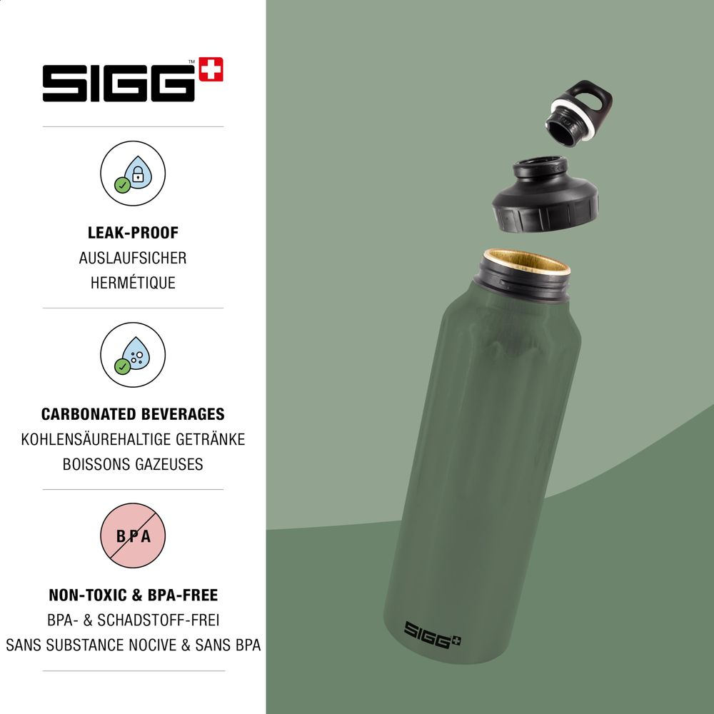 Grüne SIGG-Flasche mit offenem Deckel, BPA-frei, auslaufsicher.