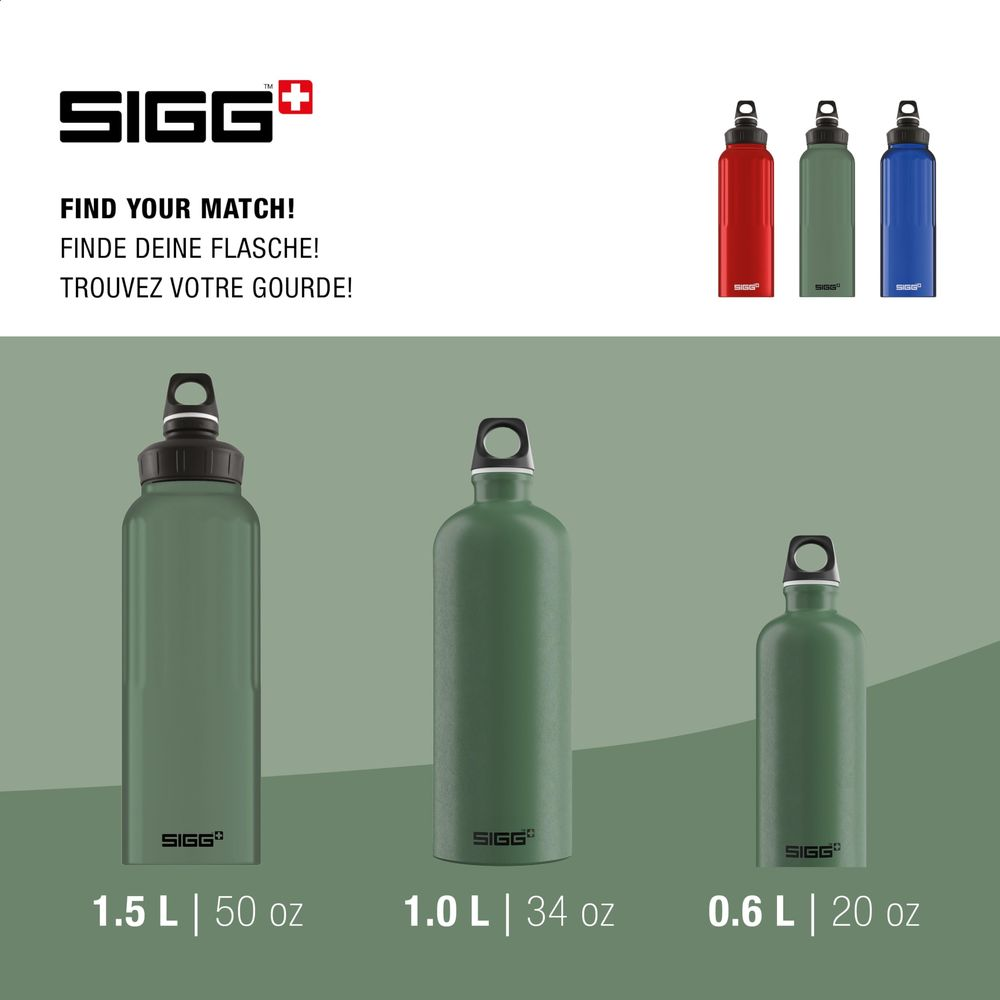 Grüne SIGG-Wasserflaschen in drei Größen: 1,5 L, 1,0 L und 0,6 L.