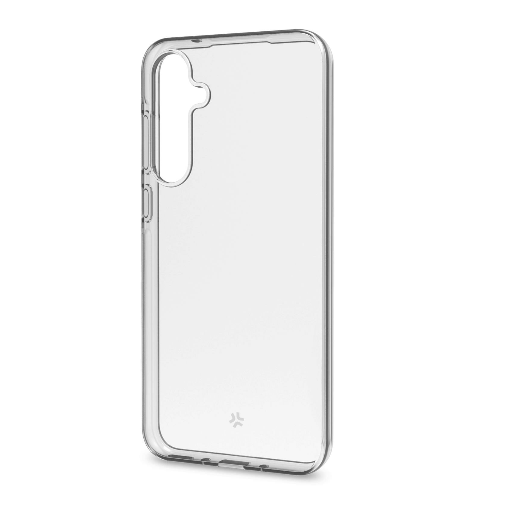 Una custodia trasparente per telefono con ritagli per fotocamera e pulsanti.