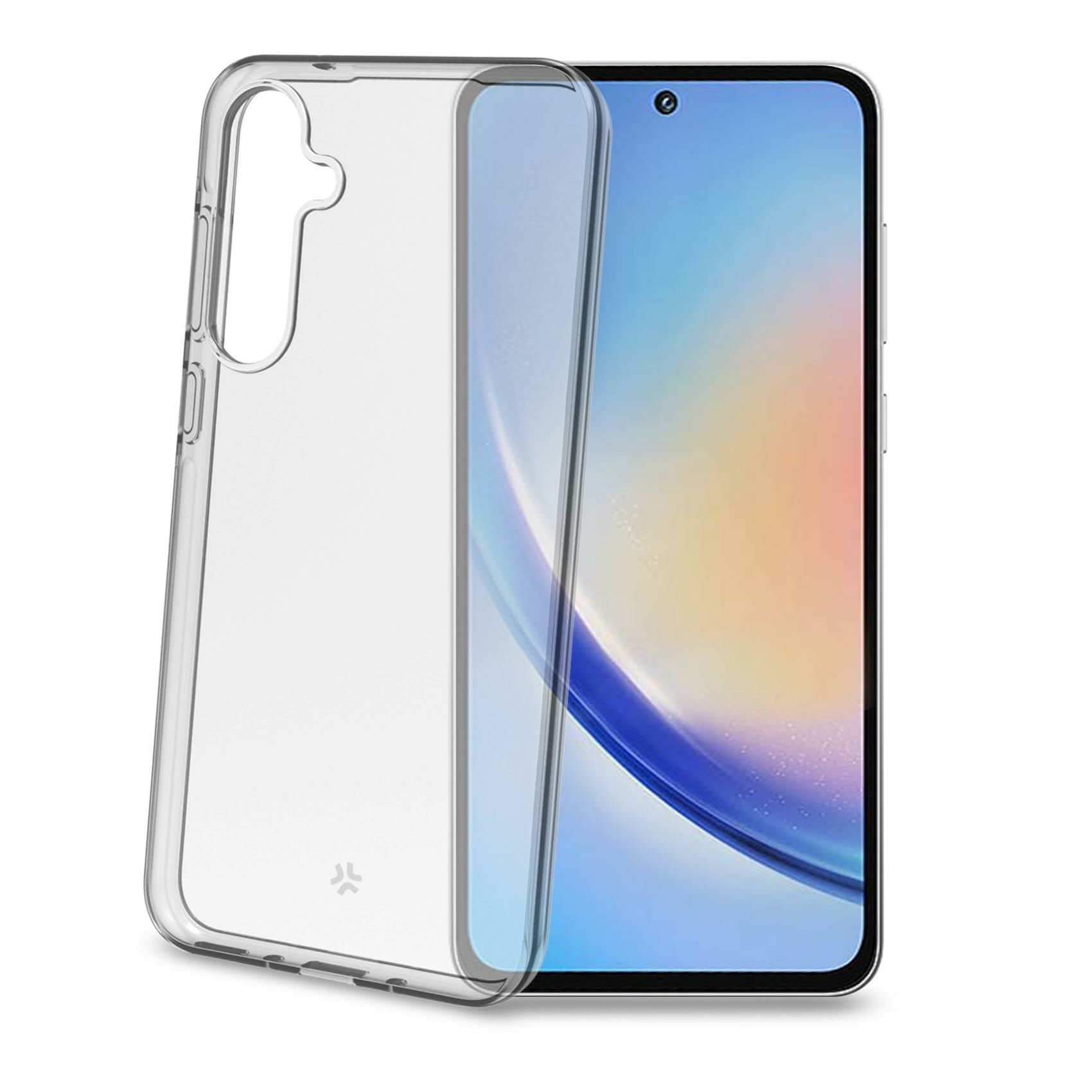 Custodia trasparente per telefono accanto a uno smartphone con sfondo colorato.