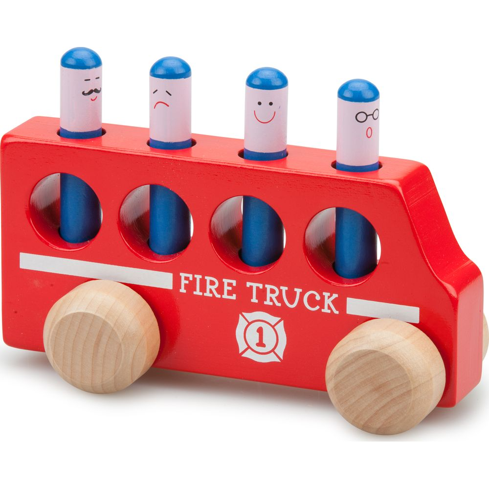 Roter Holz-Feuerwehrauto-Spielzeug mit vier Figuren und Holzrädern.