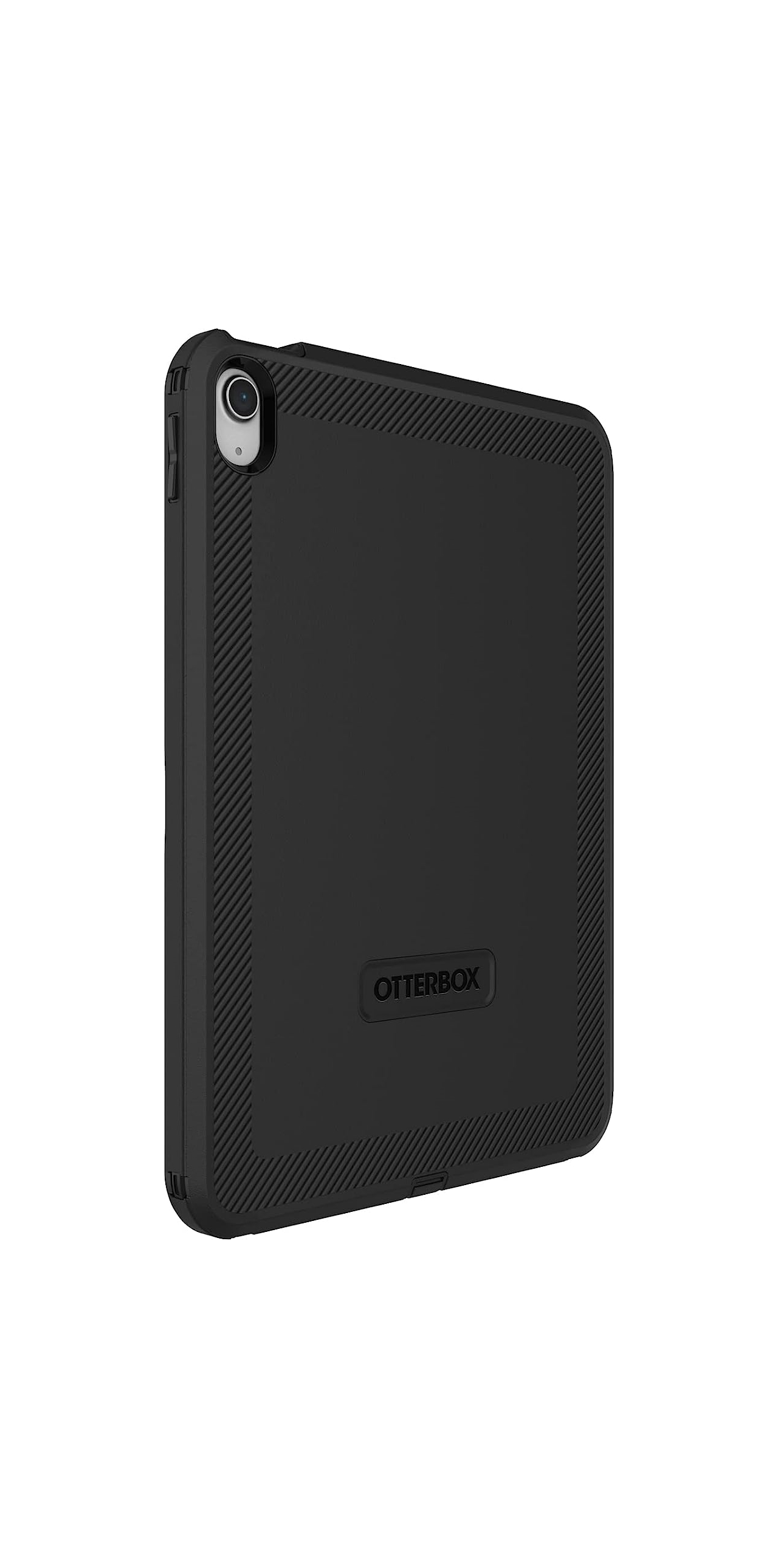 Schwarzes Otterbox-Tablet-Case mit gerillten Rändern und Kamerahalterung.