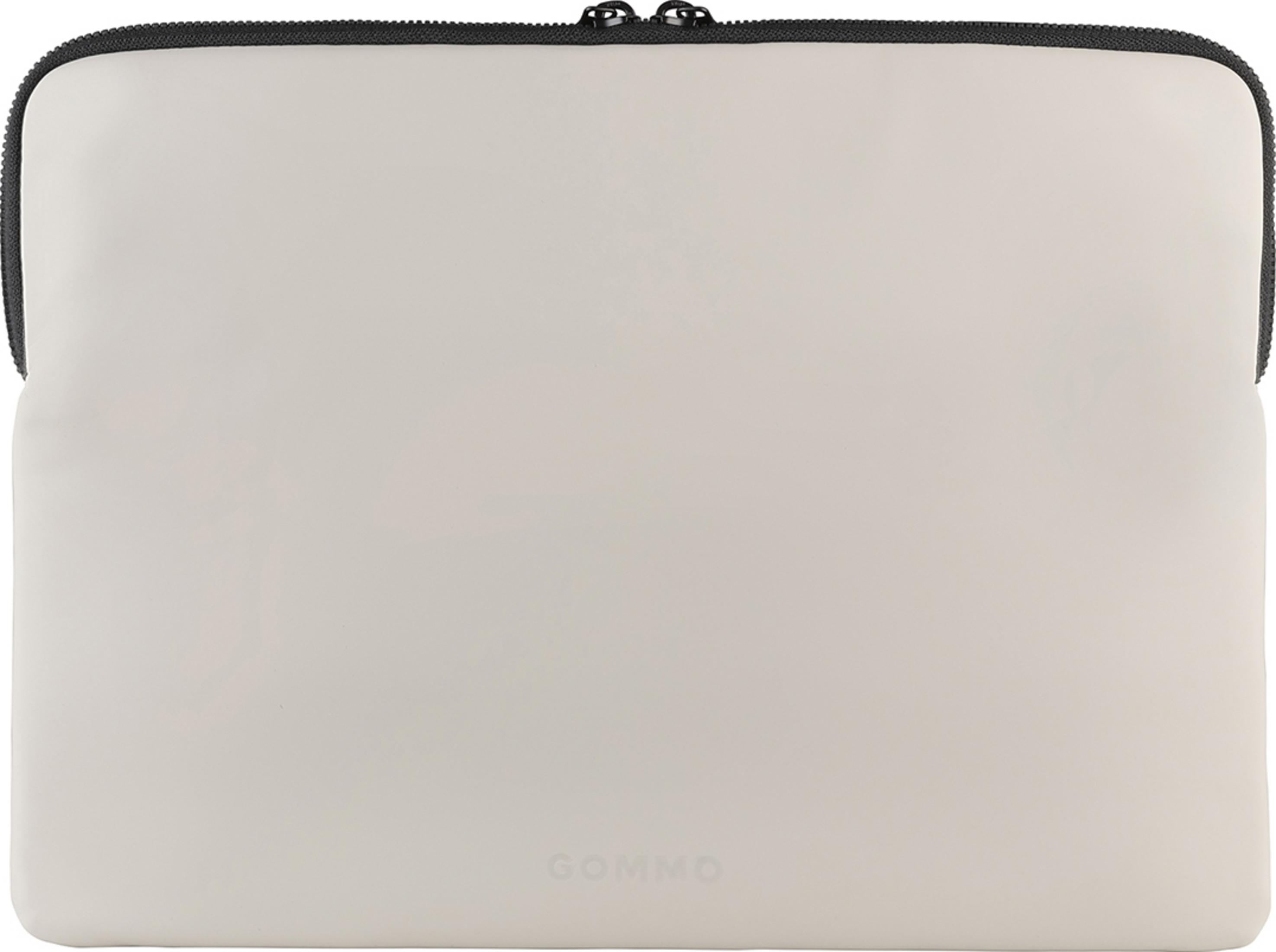 Una custodia rettangolare per laptop di colore chiaro con cerniera nera.