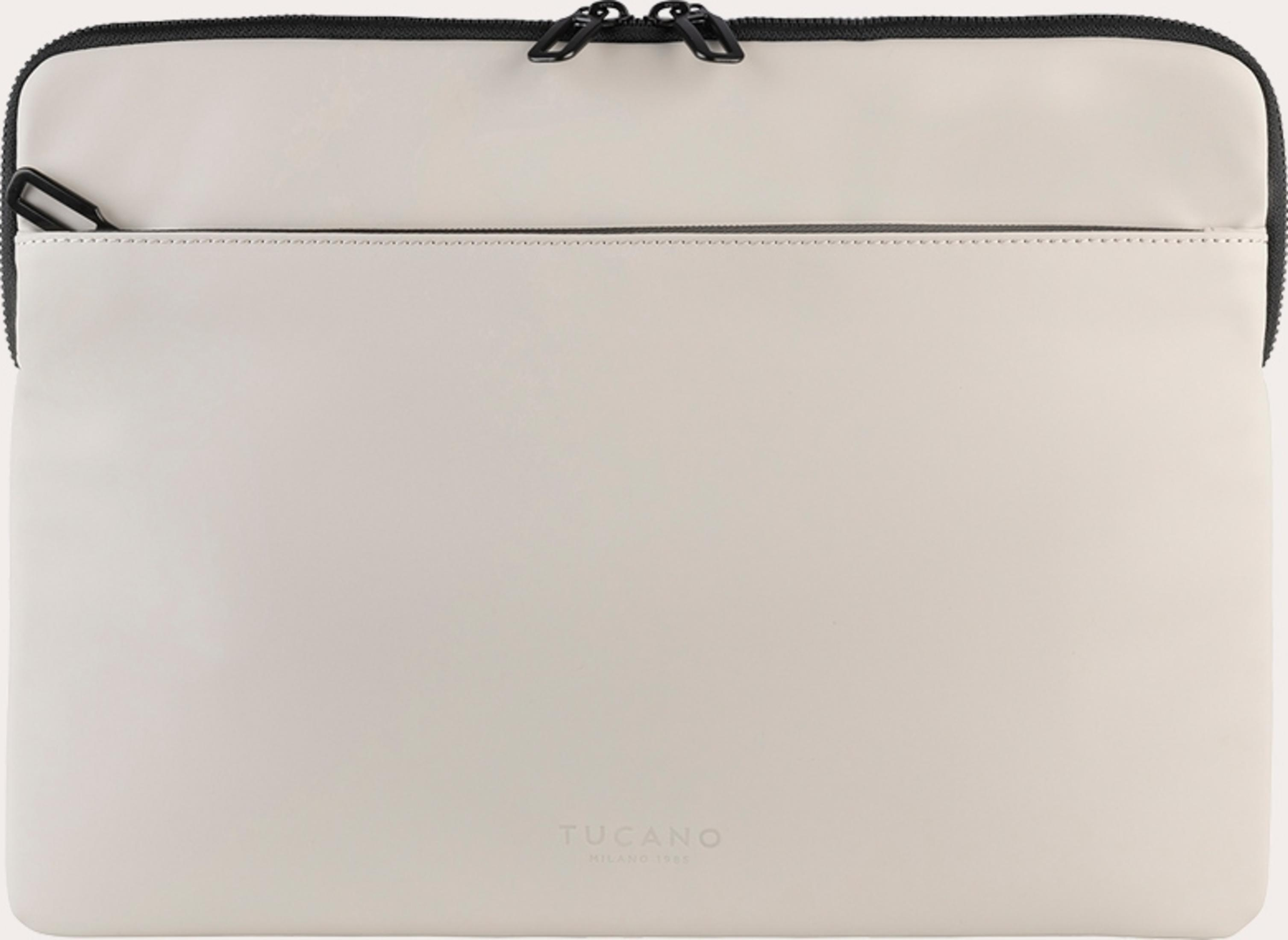 Una custodia per laptop color crema con cerniera nera e logo.