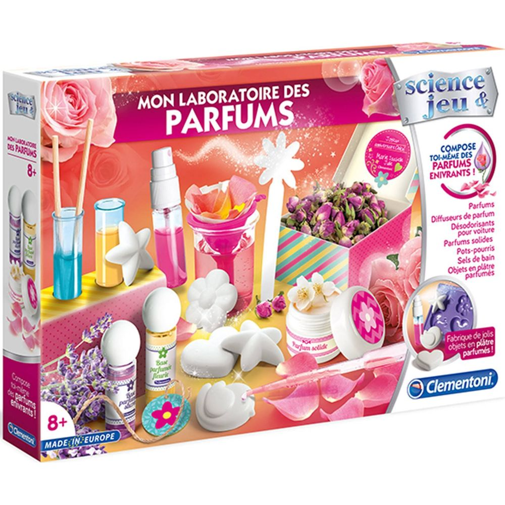 Ein Parfüm-Labor-Spielzeug-Set mit Flaschen, Blumen, Rosen und Lavendel.