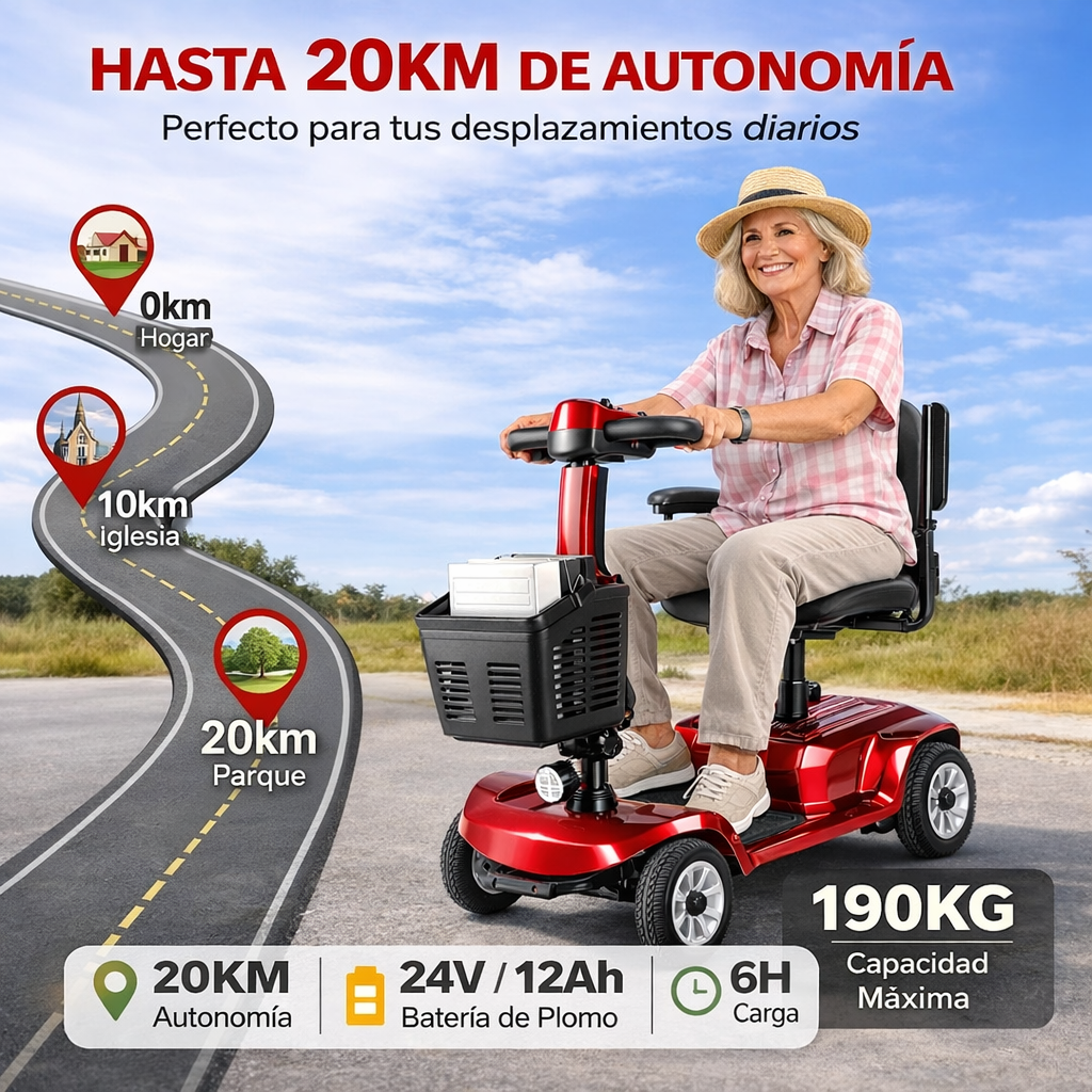 Mujer mayor conduce scooter rojo, con ruta y especificaciones técnicas.