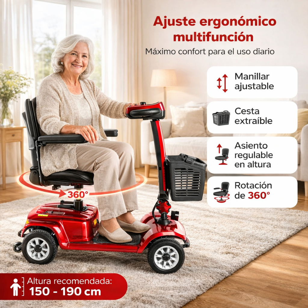 Mujer mayor sentada en un scooter eléctrico rojo con cesta y asiento ajustable.