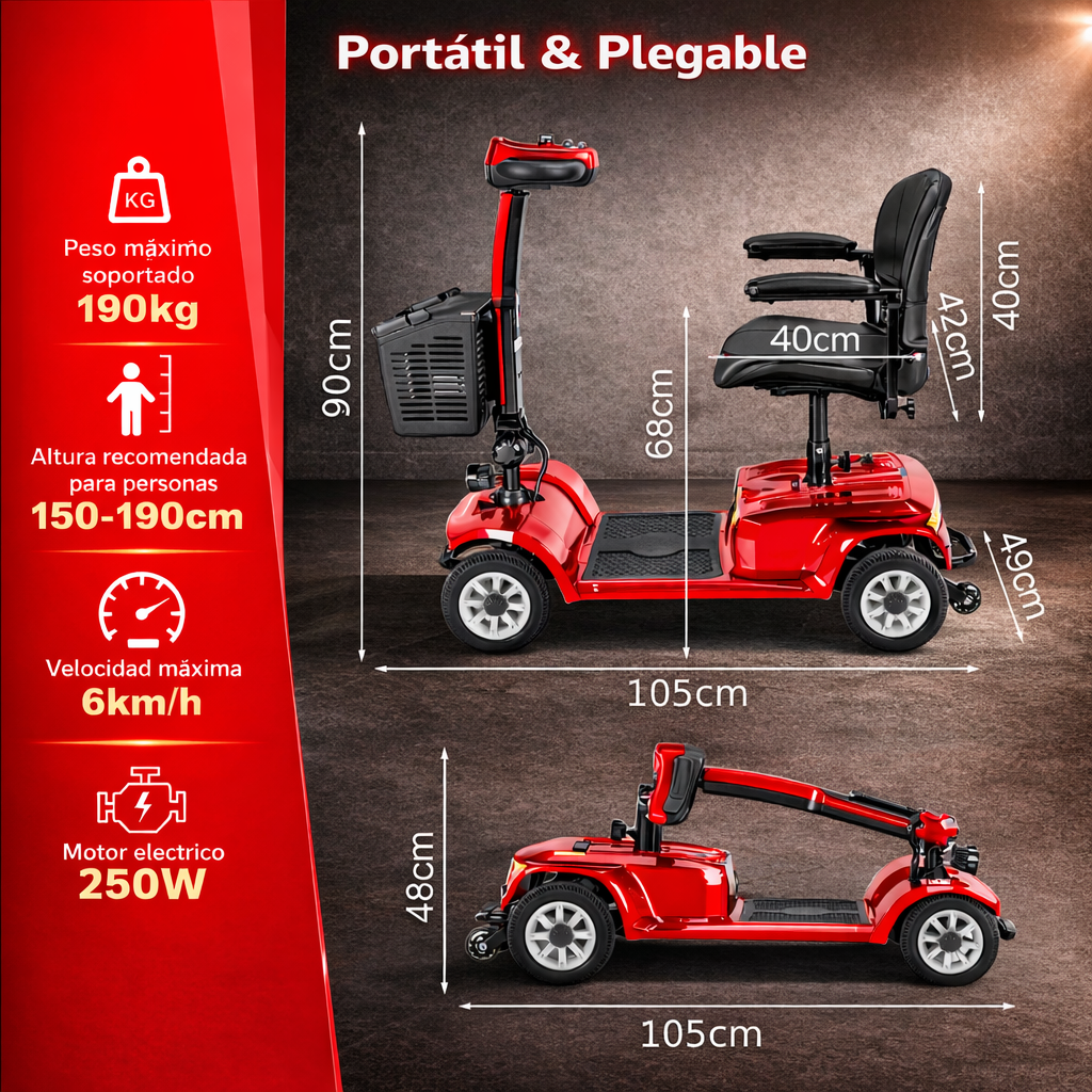 Scooter eléctrico rojo en posiciones vertical y plegada. Se muestran las dimensiones.