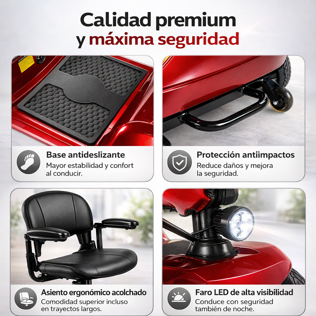 Scooter rojo en cuatro paneles: base antideslizante, protección, asiento y luz LED.