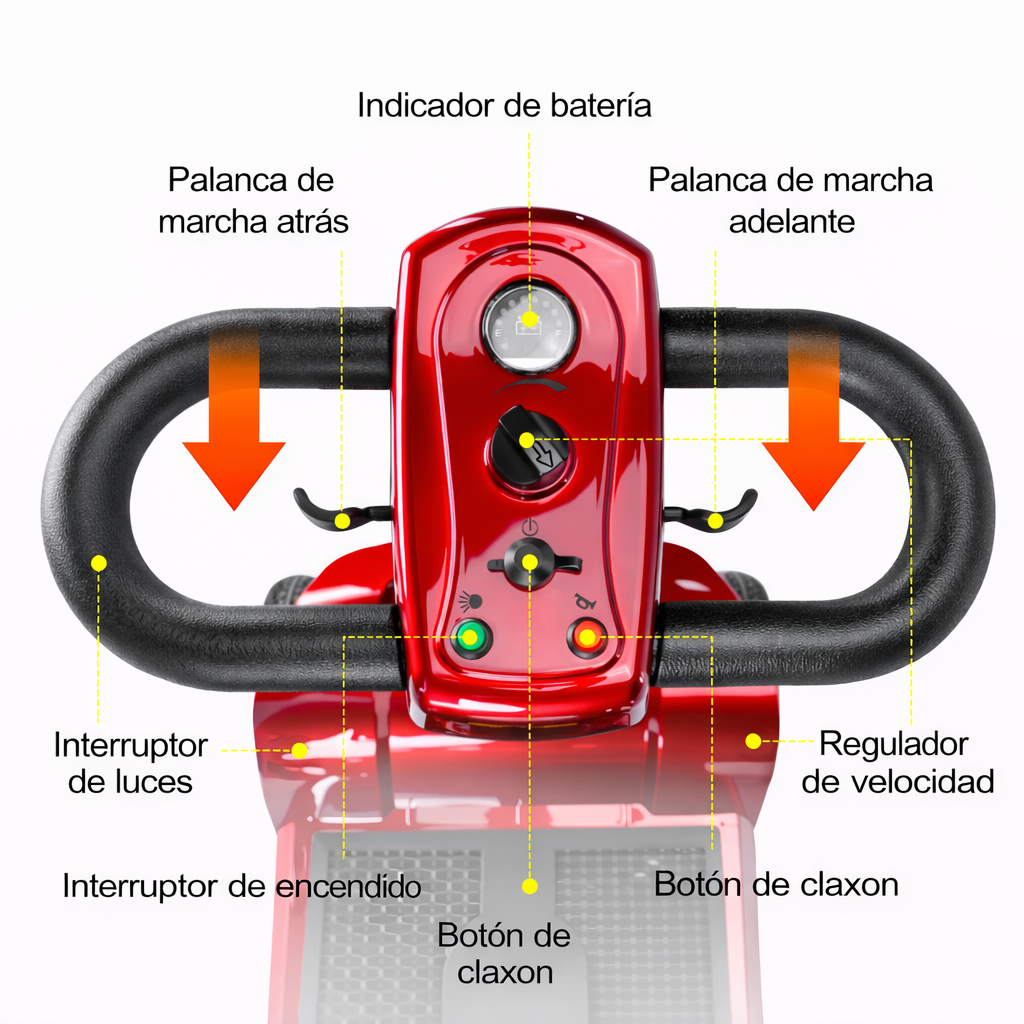 Panel de control rojo de scooter eléctrico con manillar, indicador de batería y controles.