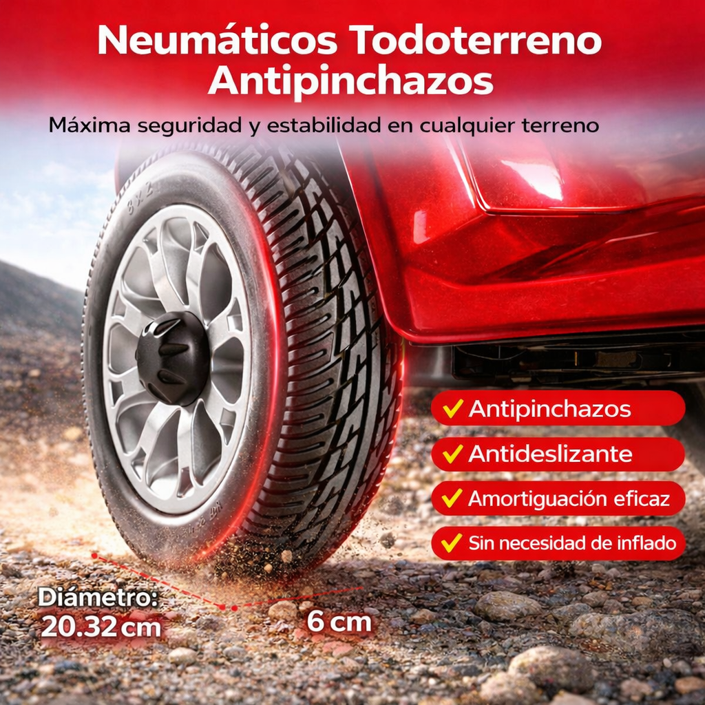 Neumático todoterreno rojo con llanta plateada sobre suelo rocoso. Detalles de diámetro y características.