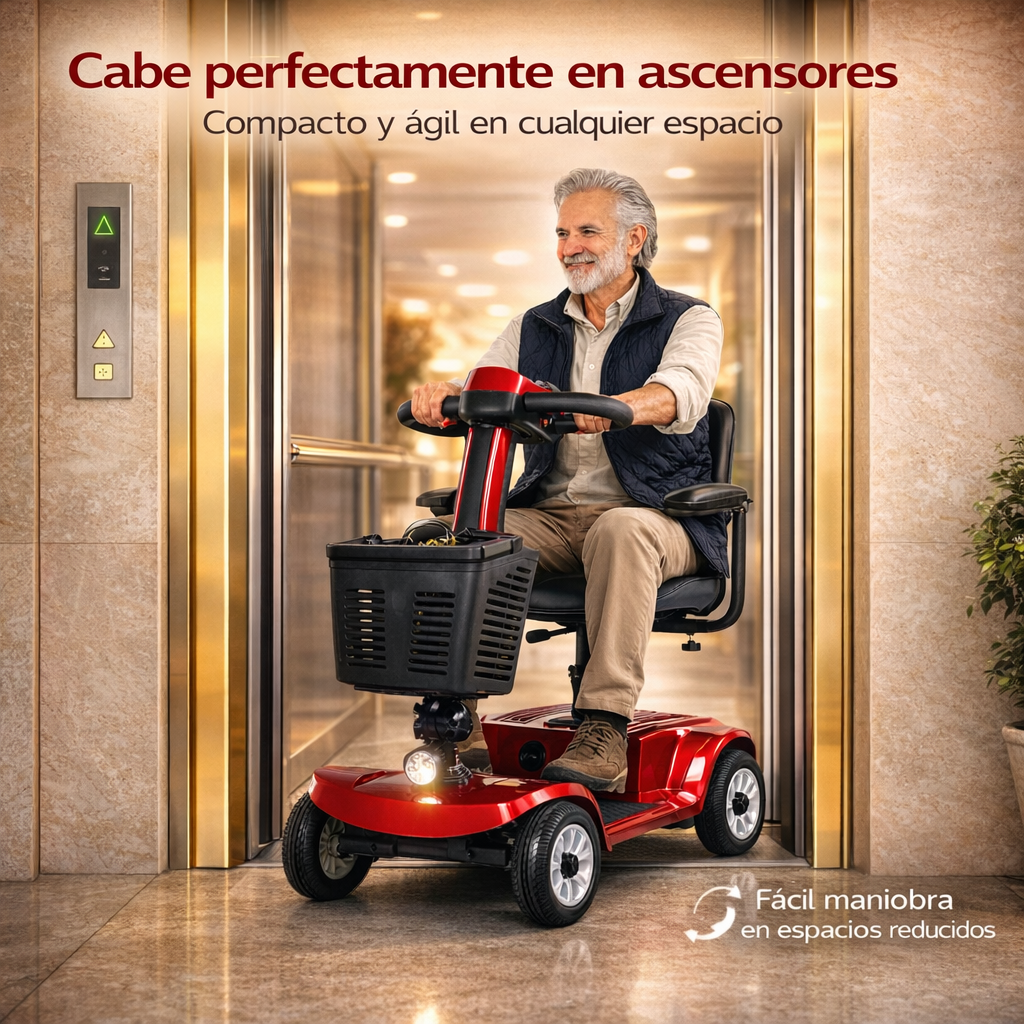 Un hombre en un scooter de movilidad rojo frente a un ascensor. El ascensor tiene detalles dorados.
