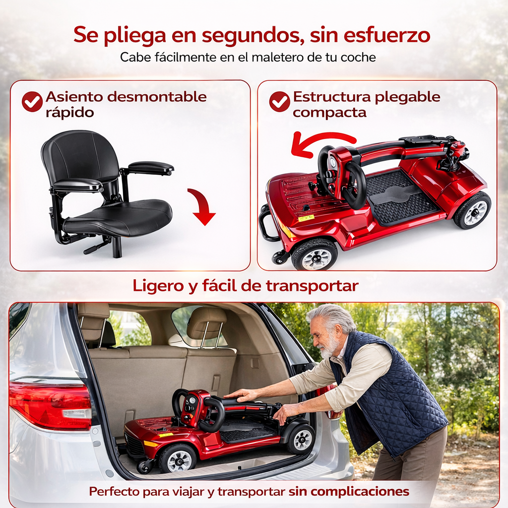 Hombre cargando scooter rojo plegable en coche. Asiento desmontable. Se pliega fácil.