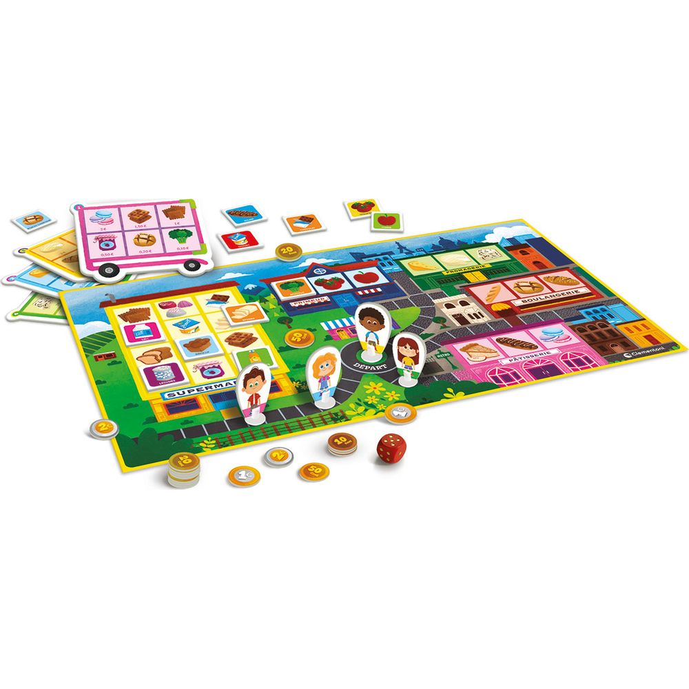 Un colorato gioco da tavolo con persone dei cartoni animati, negozi, cibo e pezzi.