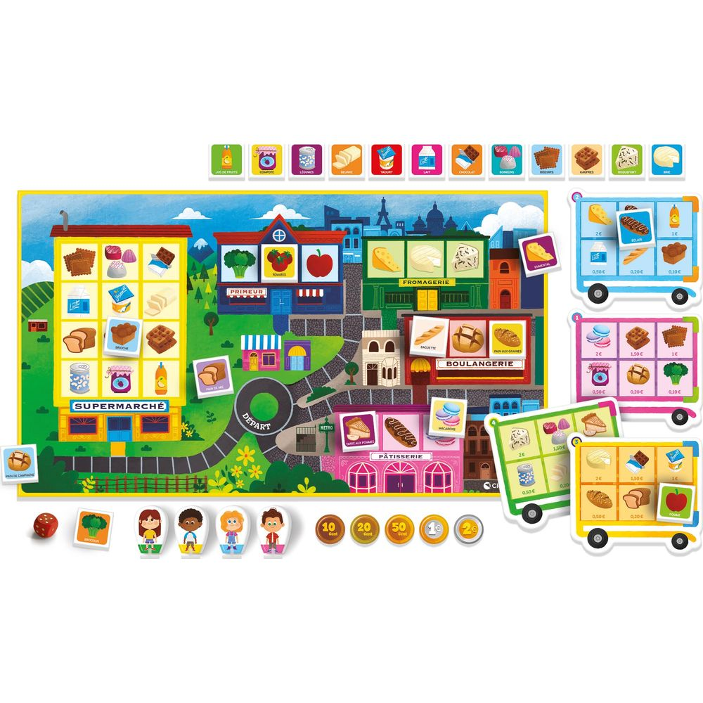 Gioco da tavolo con negozi e carrelli pieni di cibo.