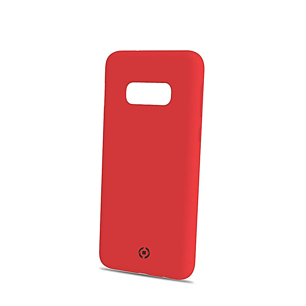 Custodia rossa per telefono con ritaglio per fotocamera e logo.