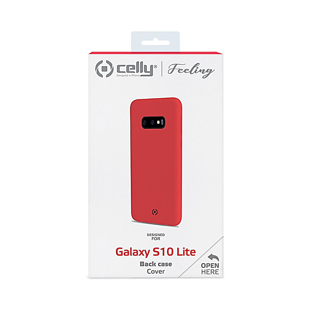 Custodia rossa per Galaxy S10 Lite su confezione bianca.