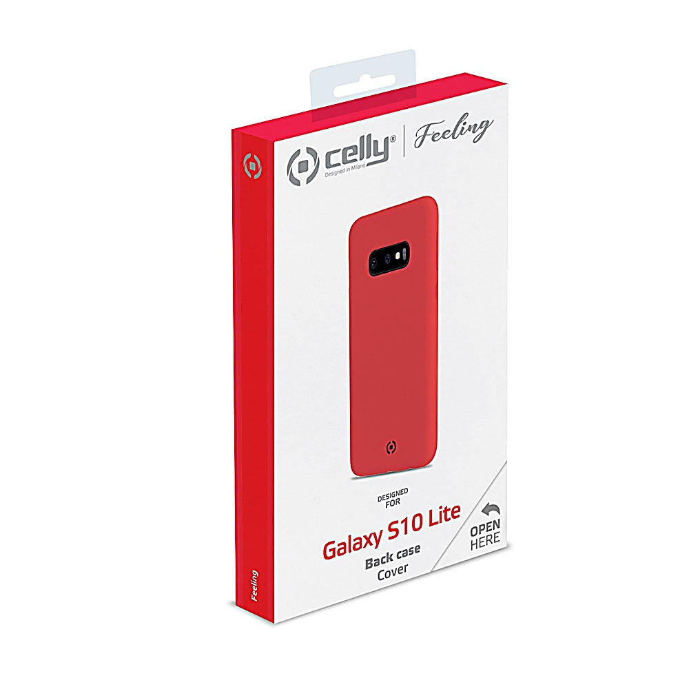 Cover posteriore rossa per Galaxy S10 Lite su confezione Celly.