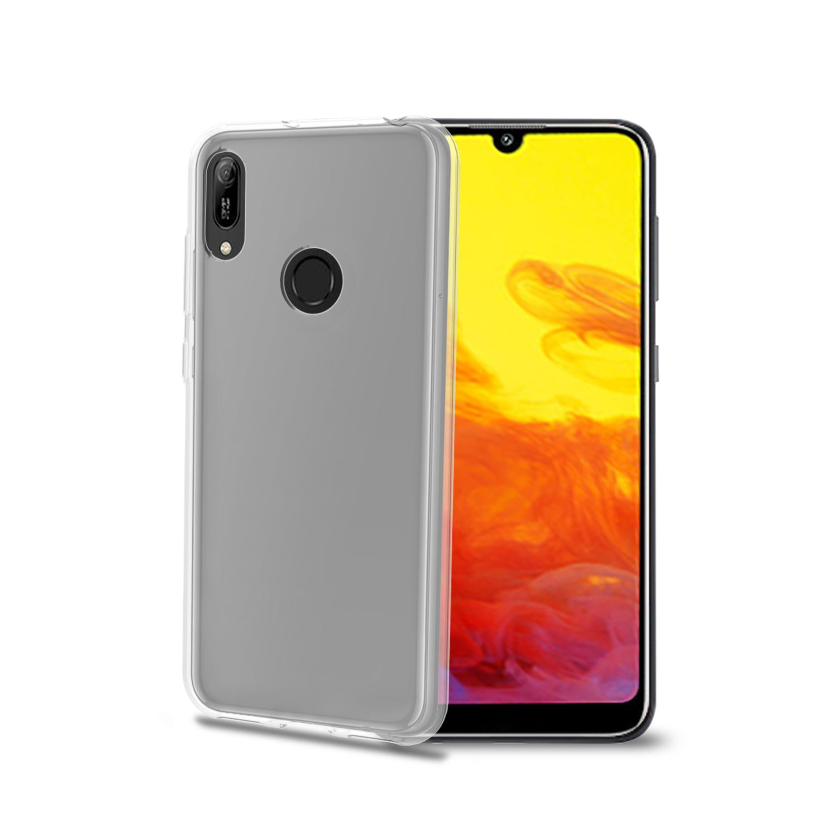 Ein transparentes Handyhülle liegt neben einem Smartphone mit gelbem und rotem Hintergrund.