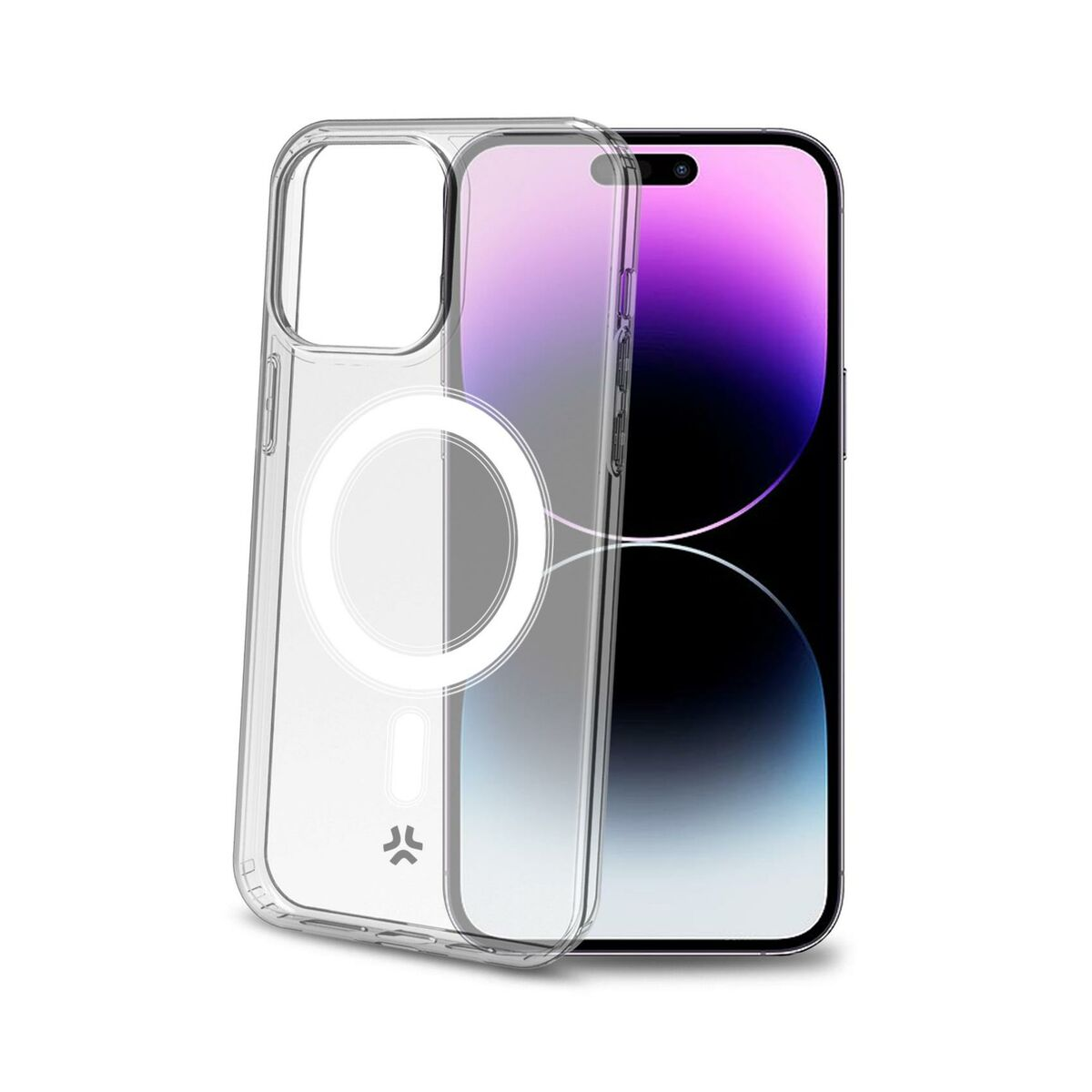 Klare Handyhülle mit Magnetring überlagert auf einem lila und schwarzen Smartphone.