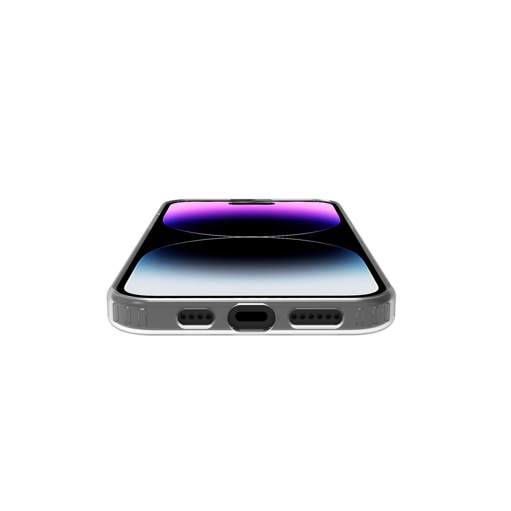 Ein Smartphone mit einem lila und blauen Bildschirm, das auf weißem Hintergrund liegt.