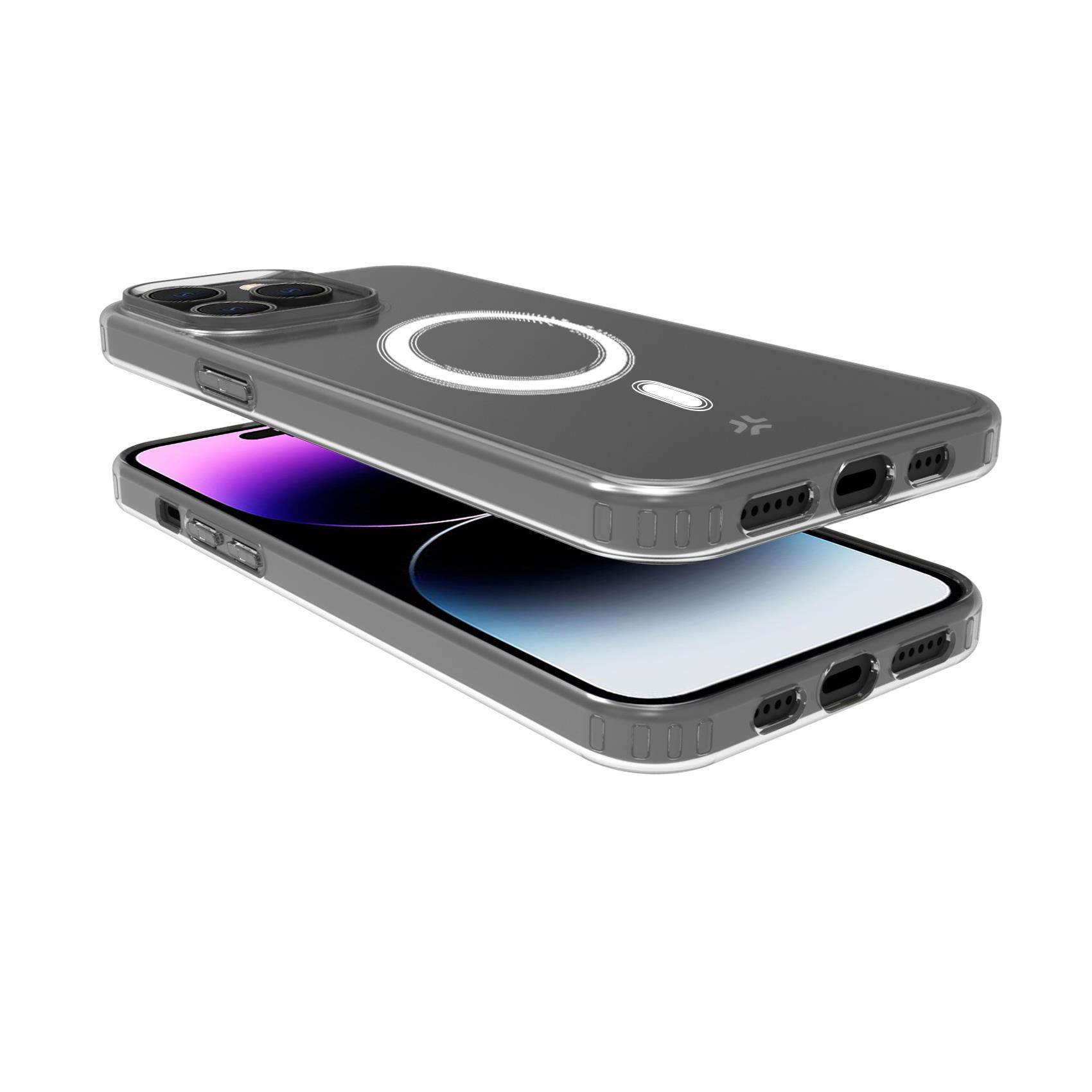 Transparente Handyhülle mit MagSafe-Ring auf einem Handy. Weißer Hintergrund.