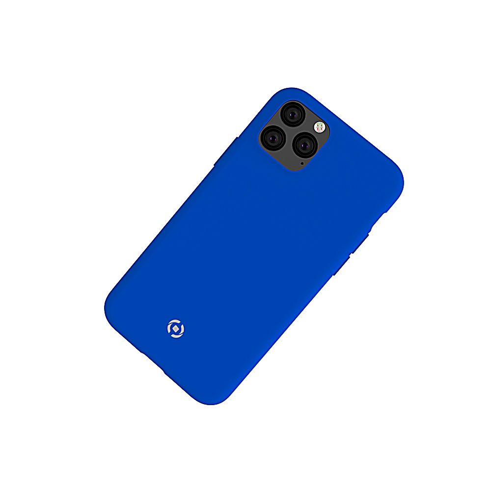 Una custodia per telefono blu reale con un array di fotocamere e un logo.