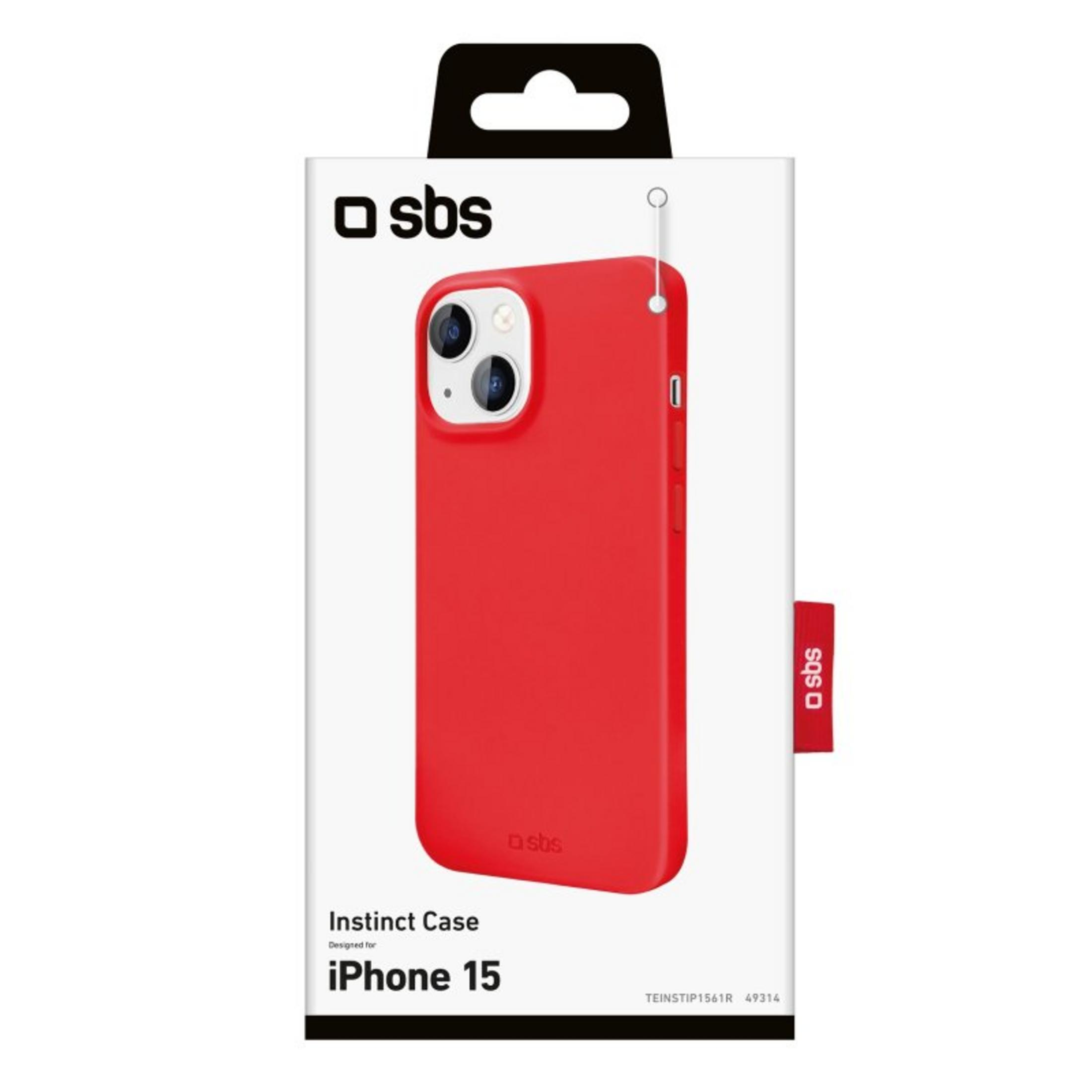 Rote Hülle für iPhone 15 mit SBS-Logo und Aufhängeschlaufe.