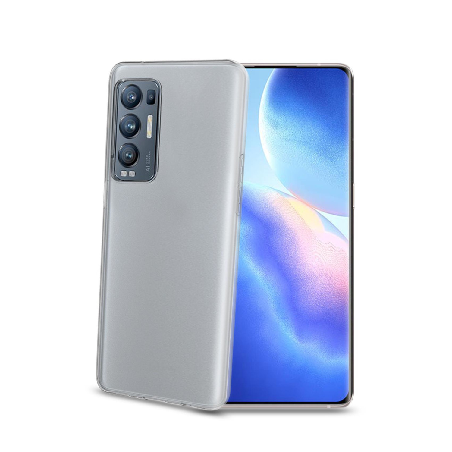 Ein silbernes Smartphone mit vier Kameras und einem stilisierten blauen Hintergrund.