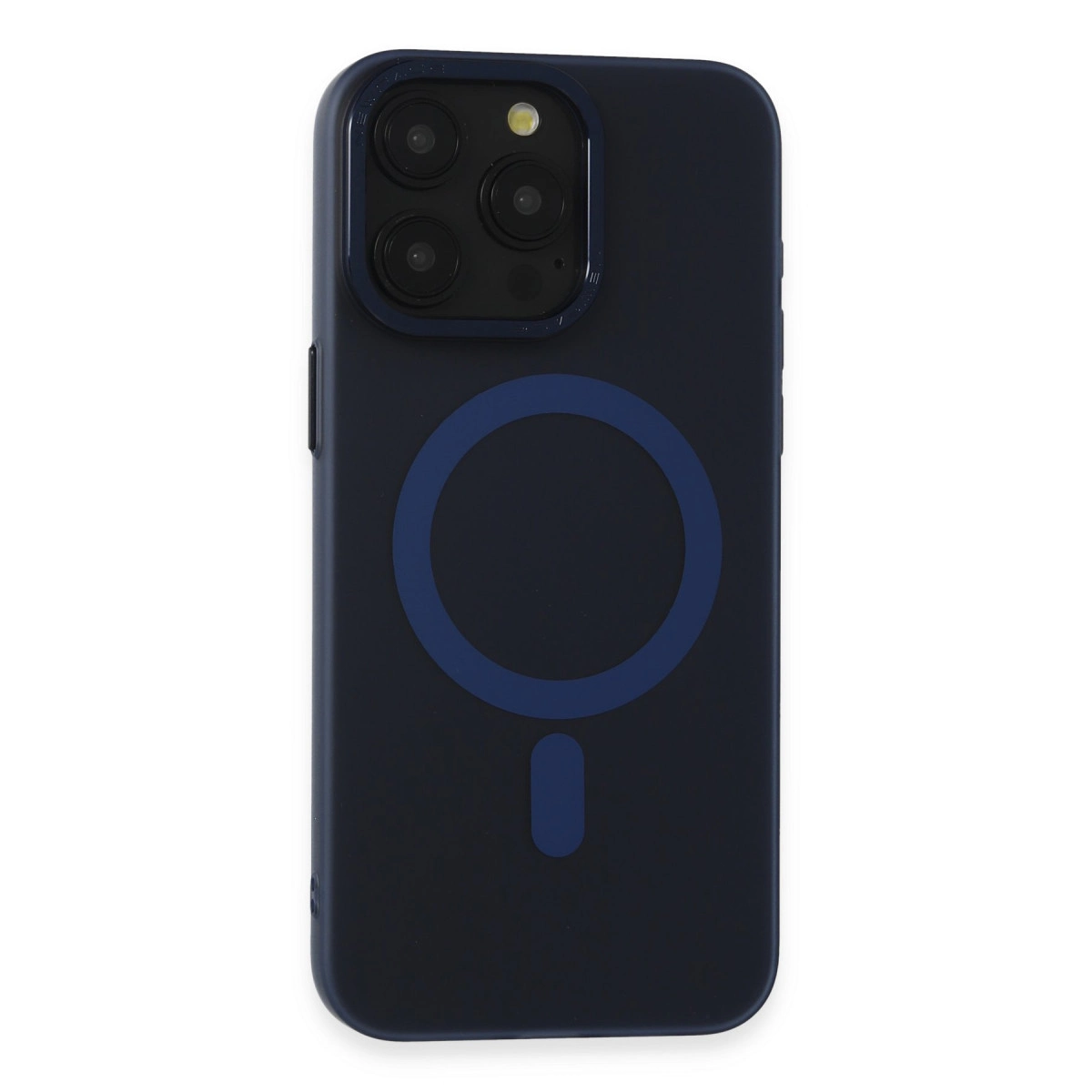 Kamera modülü ve arkada manyetik halka bulunan lacivert telefon kılıfı.