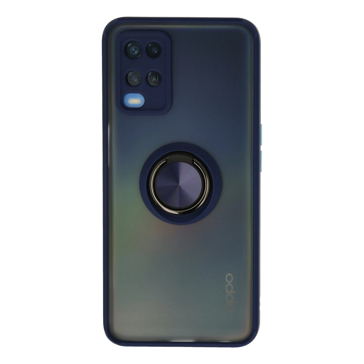 Kamera modülü ve halka tutuculu koyu mavi telefon kılıfının arkası.