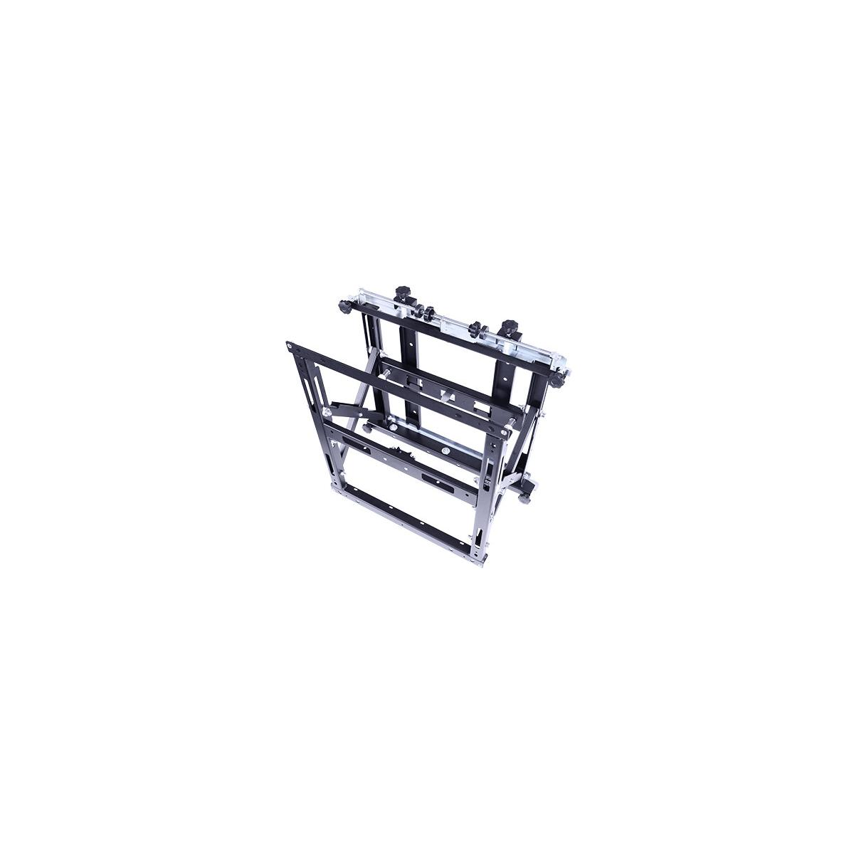 Schwarze verstellbare Wandhalterung aus Metall für Bildschirme, mit Bügeln und Schrauben.
