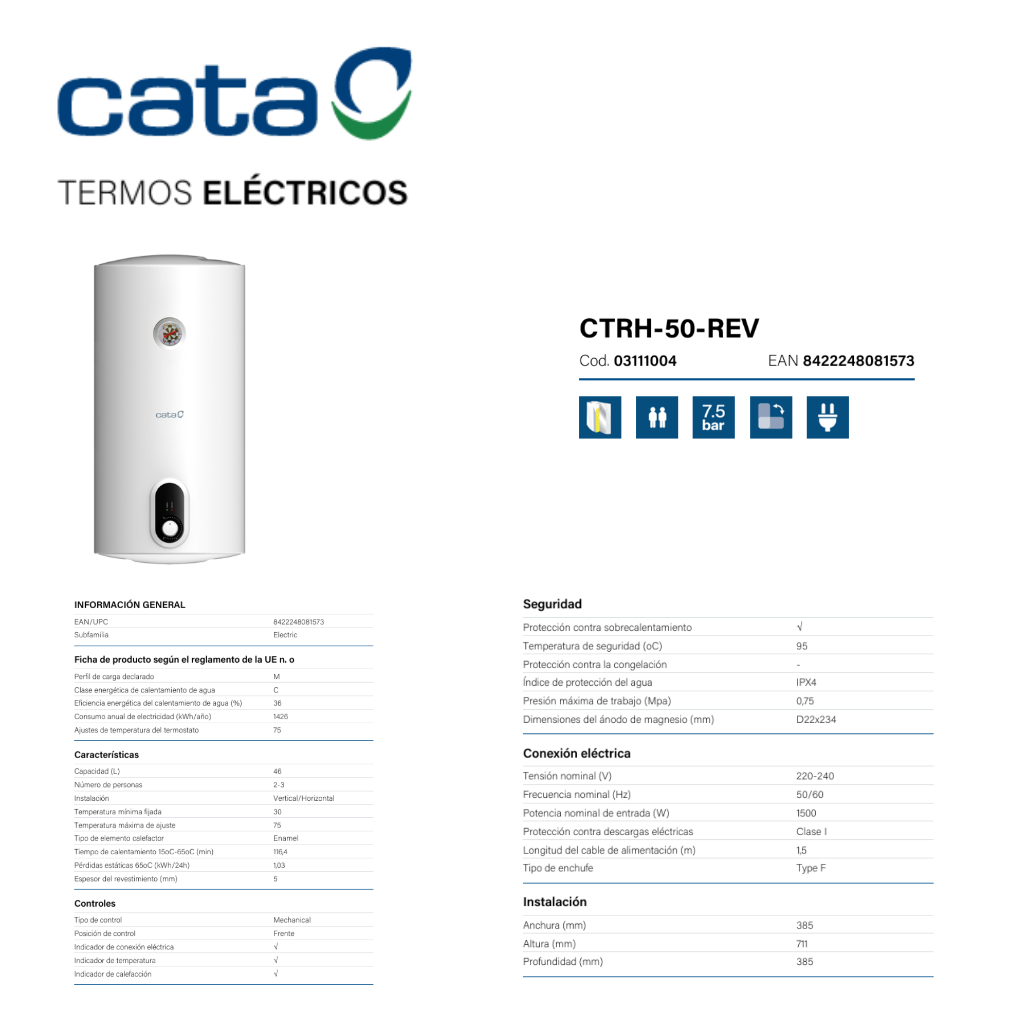 Un calentador de agua eléctrico blanco con logo Cata y especificaciones.