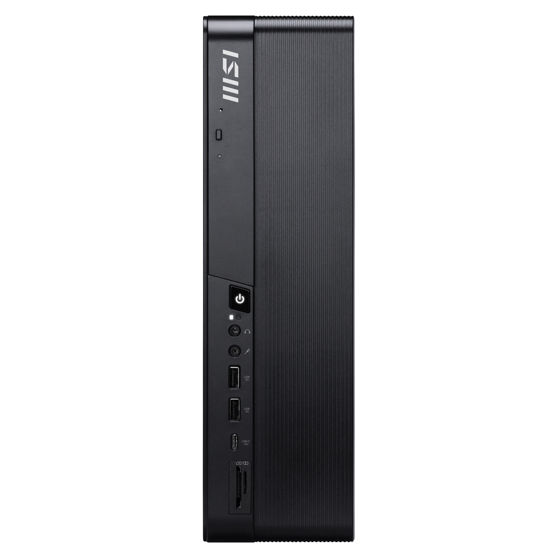 PC negro y delgado con botón de encendido, puertos USB y lector de tarjetas SD.